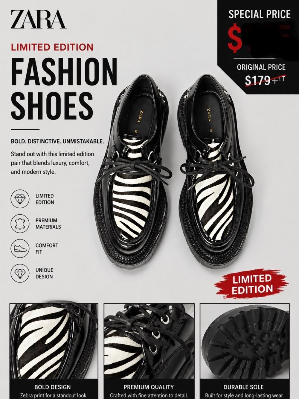 ZARA Men’s Black Shoes with Zebra Print Panels